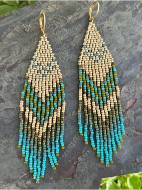 Handcrafted Beaded Fringe Earrings - Turquoise & Gold Accent